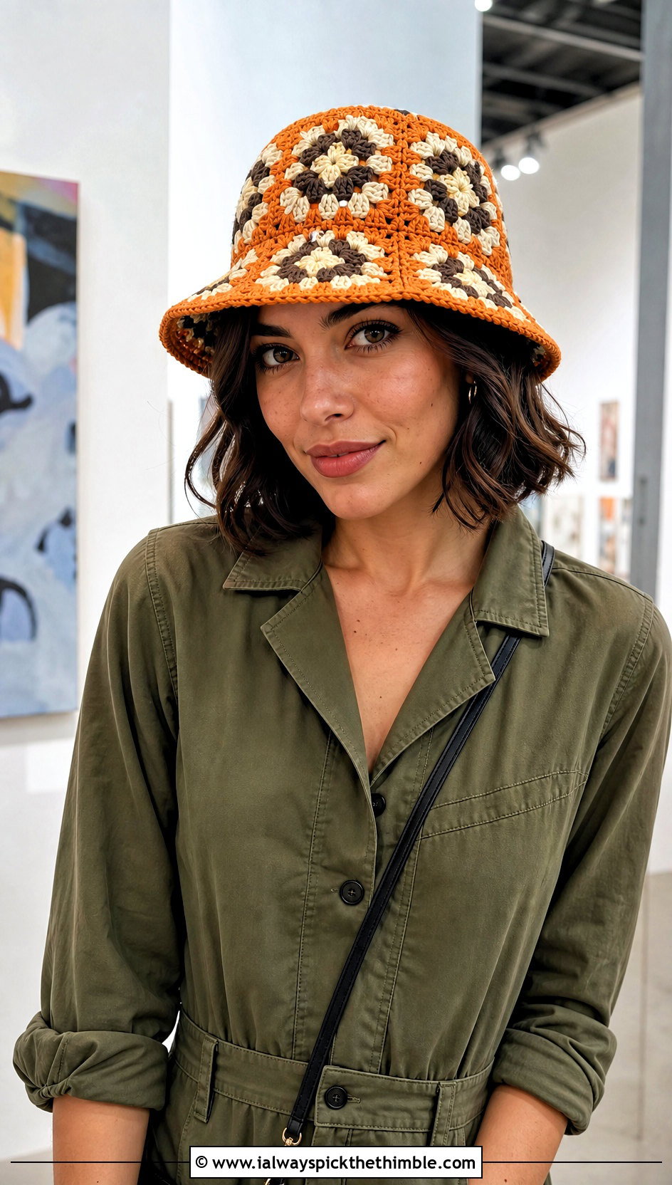 Geometric Granny Square Bucket Hat With Utility Jumpsuit - 25 Granny Square Bucket Hat outfit ideas