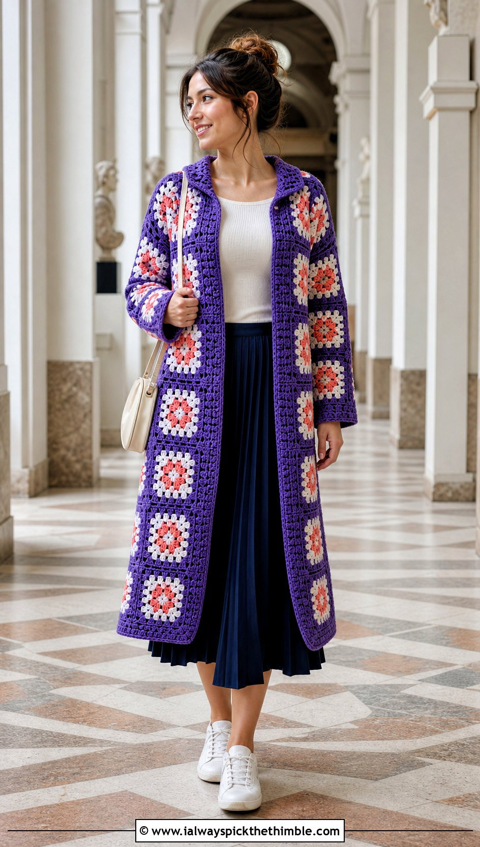 Geometric Granny Square Coat With Pleated Skirt - 20 granny square coat outfit ideas