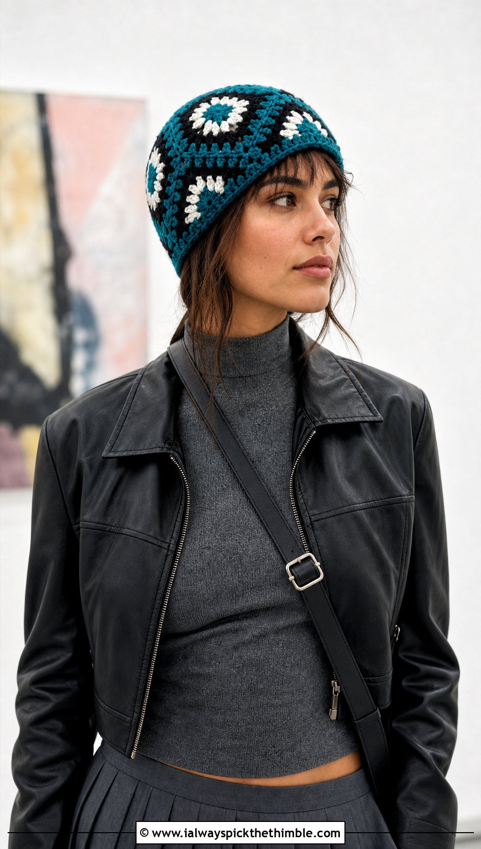 Geometric Granny Square Crochet Beanie With Pleated Skirt - 20 granny square crochet beanie outfit ideas