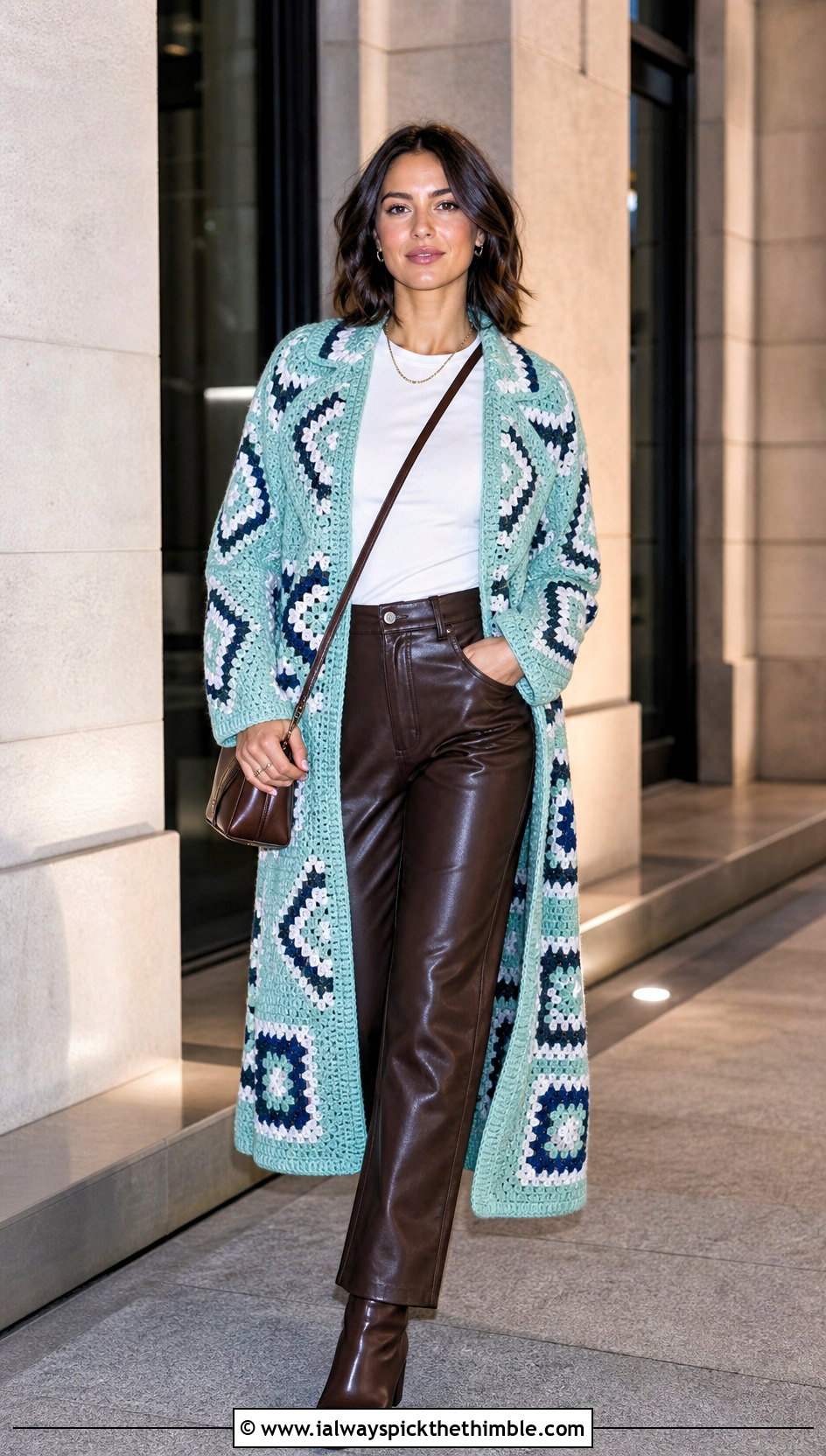 Geometric Granny Square Crochet Coat With Leather Pants - 20 Granny Square Crochet Coat outfit ideas