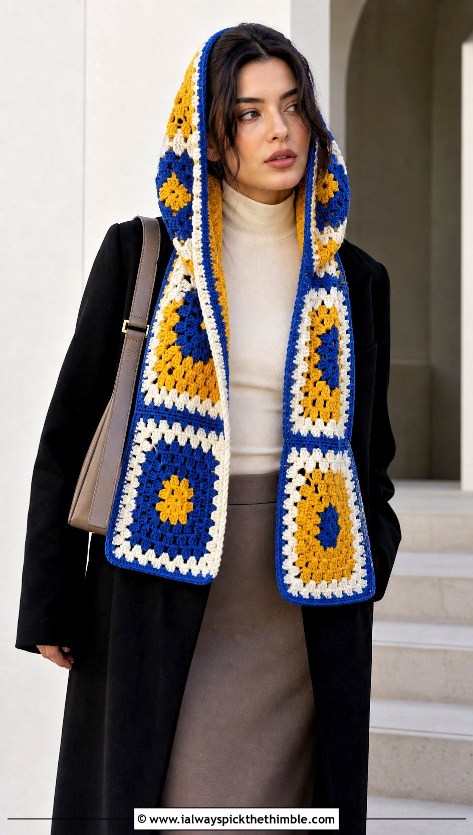 Geometric Granny Square Crochet Hooded Scarf With Minimalist Separates - 20 Granny Square Crochet Hooded Scarf outfit ideas