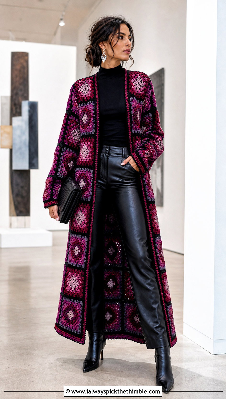 Geometric Granny Square Duster With Leather Pants - 25 granny square duster outfit ideas