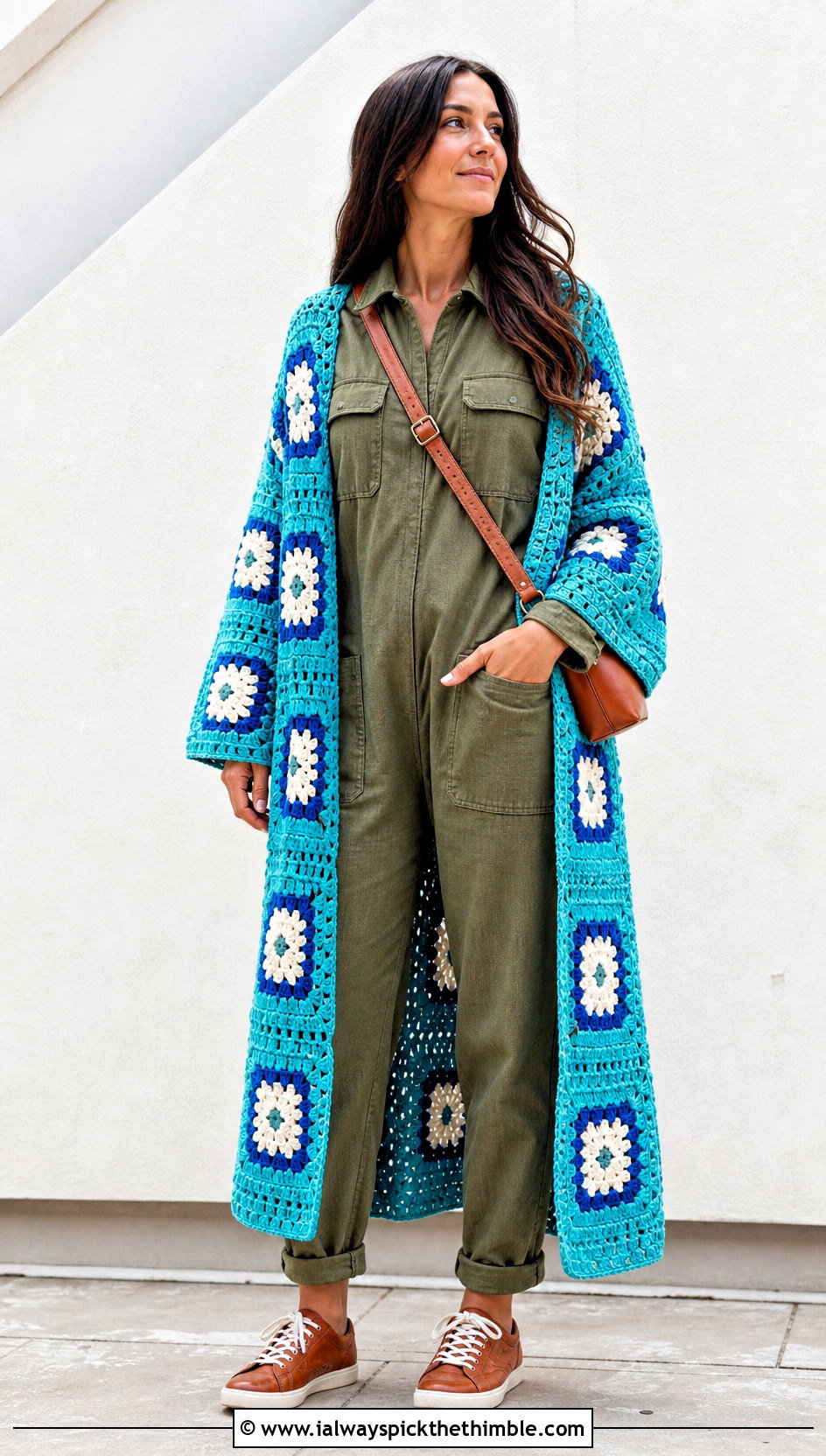 Geometric Granny Square Duster With Utility Jumpsuit - 20 Crochet Granny Square Duster outfit ideas