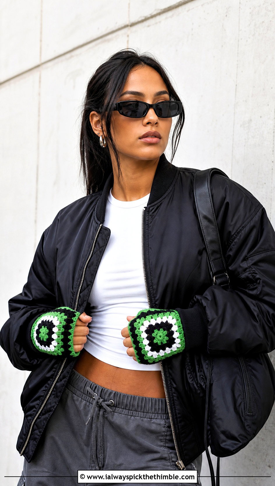 Geometric Granny Square Fingerless Gloves With Bomber Jacket - 20 crochet granny square fingerless gloves outfit ideas