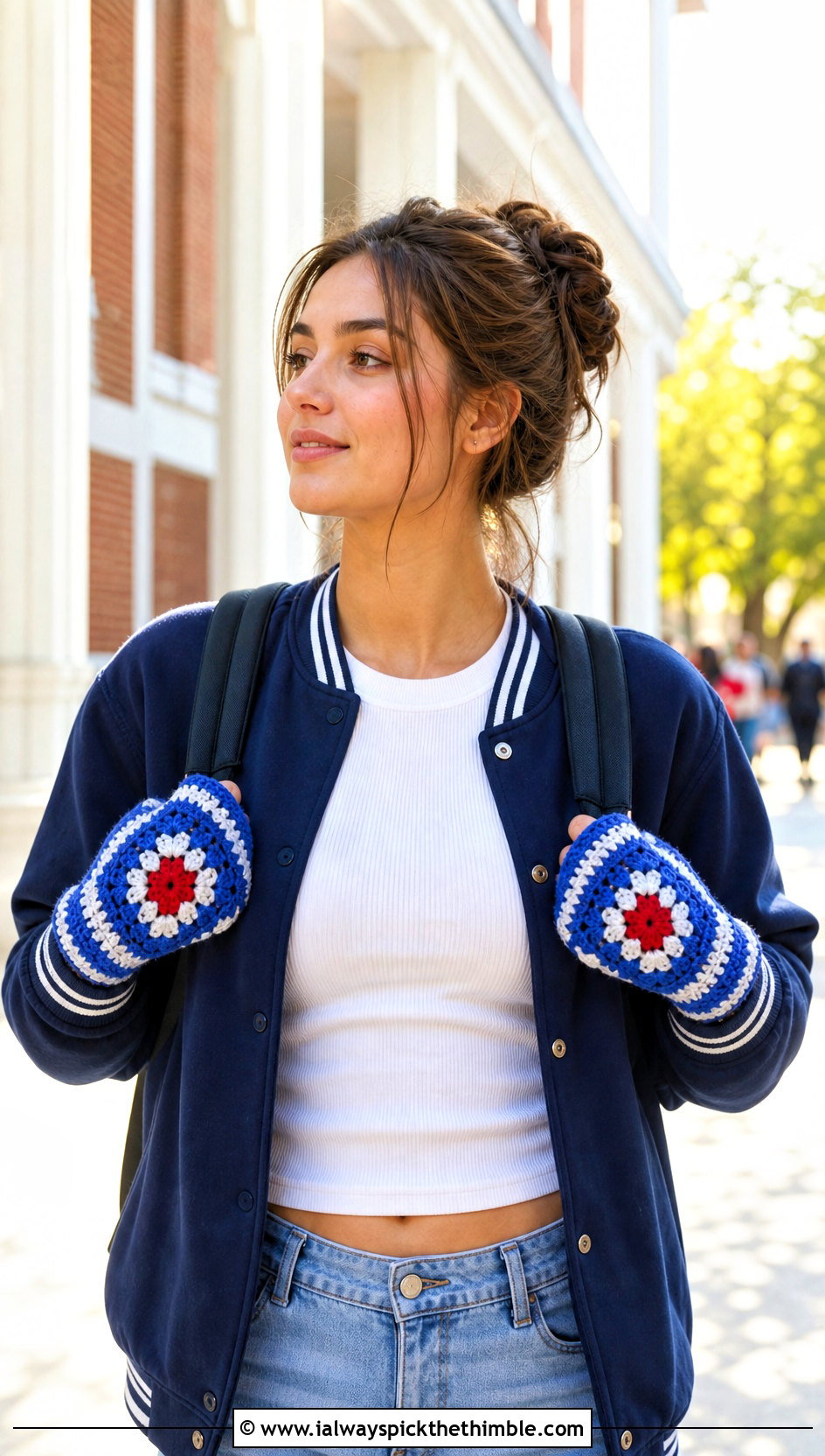 Geometric Granny Square Gloves With Varsity Jacket - 20 Fingerless Granny Square Gloves outfit ideas
