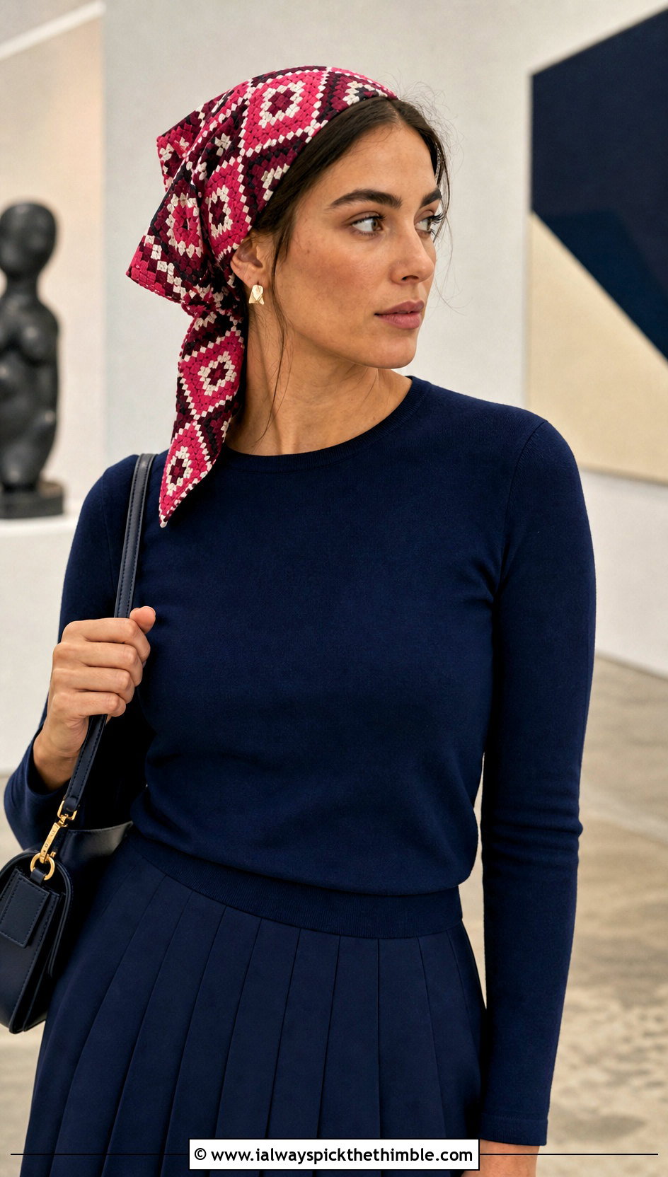 Geometric Granny Square Head Scarf With Monochrome Outfit - 25 granny square head scarf outfit ideas