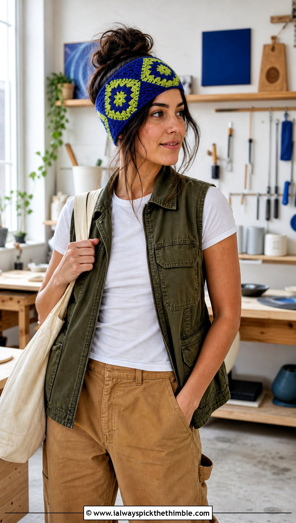 Geometric Granny Square Headband With Utility Vest And Carpenter Pants - 25 granny square headband outfit ideas