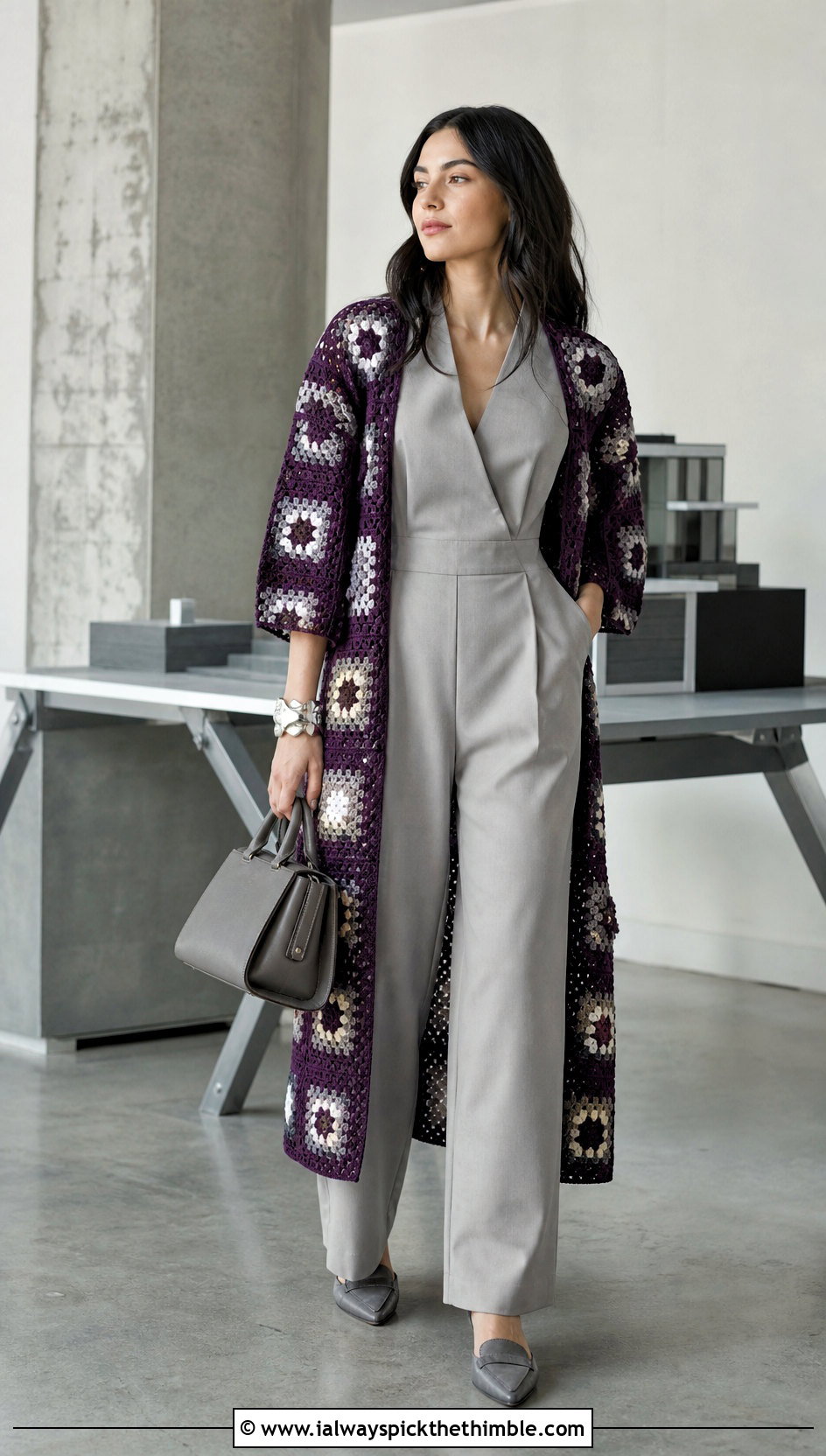 Geometric Granny Square Kimono With Tailored Jumpsuit - 15 crochet granny square kimono outfit ideas
