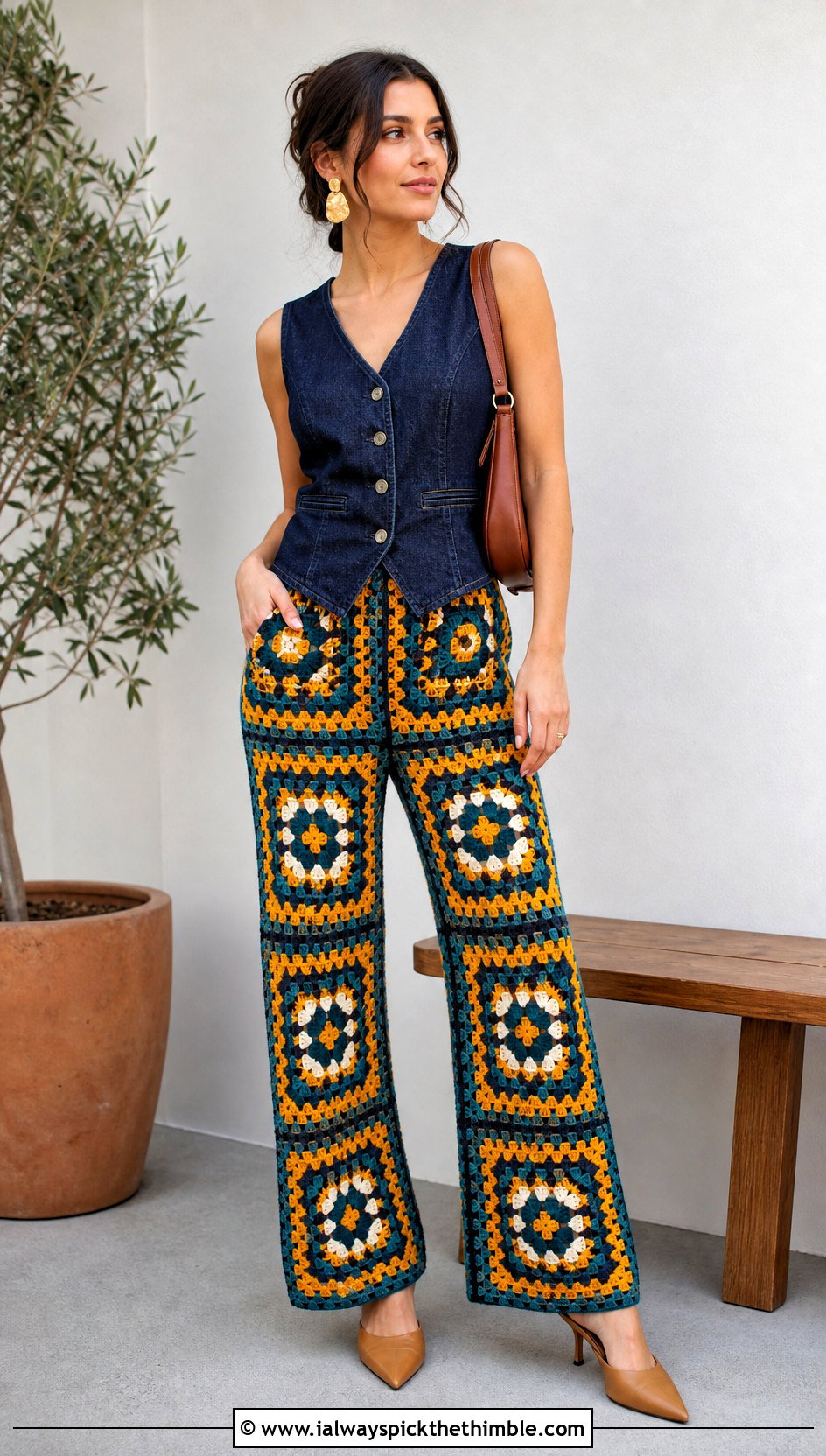 Geometric Granny Square Pants With Denim Vest And Mules - 20 Granny Square Crochet Pants outfit ideas