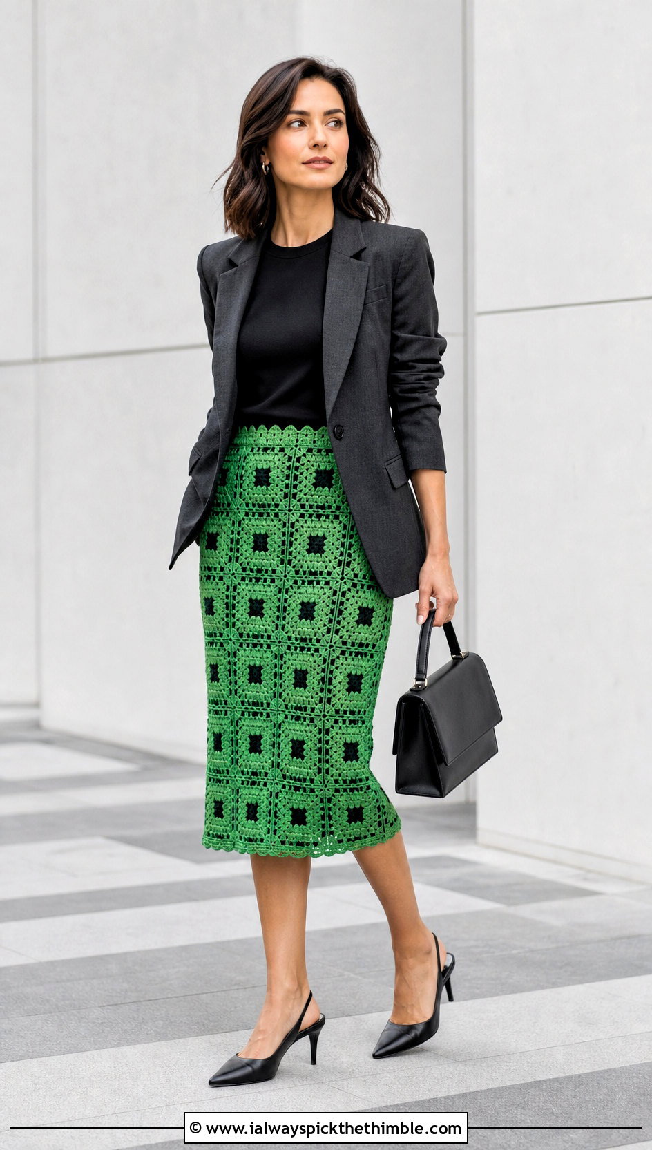 Geometric Granny Square Pencil Skirt With Blazer And Slingback Heels - 25 crochet granny skirt outfit ideas