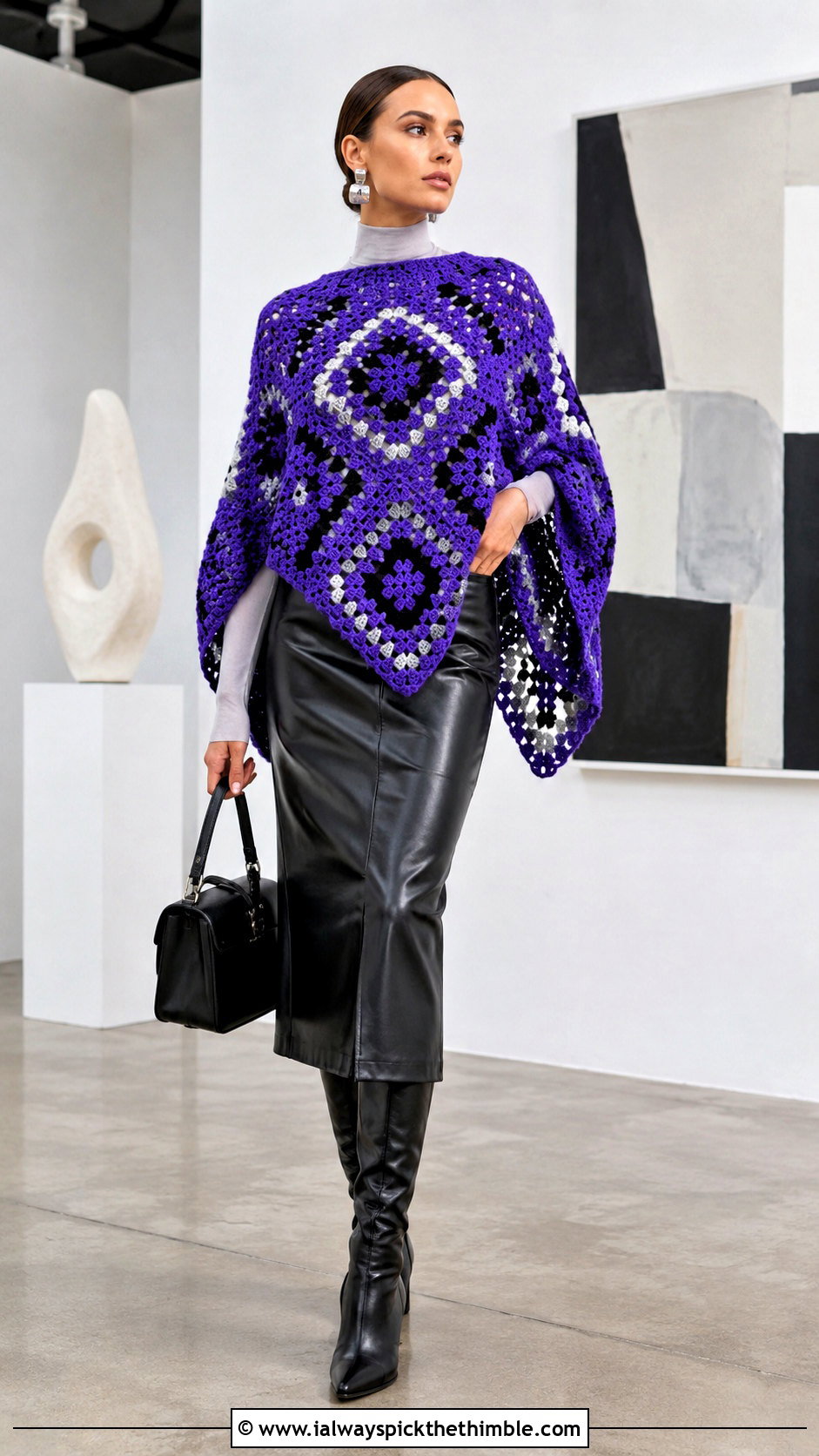 Geometric Granny Square Poncho With Leather Midi Skirt - 25 granny square poncho outfit ideas