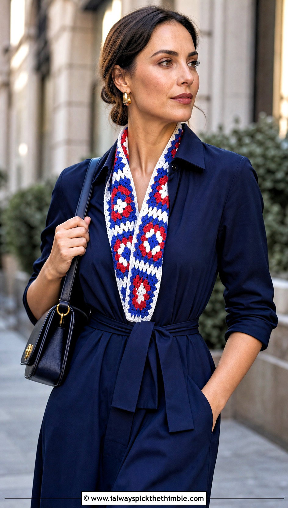 Geometric Granny Square Scarf With Shirt Dress And Knee High Boots - 20 crochet granny square scarf outfit ideas