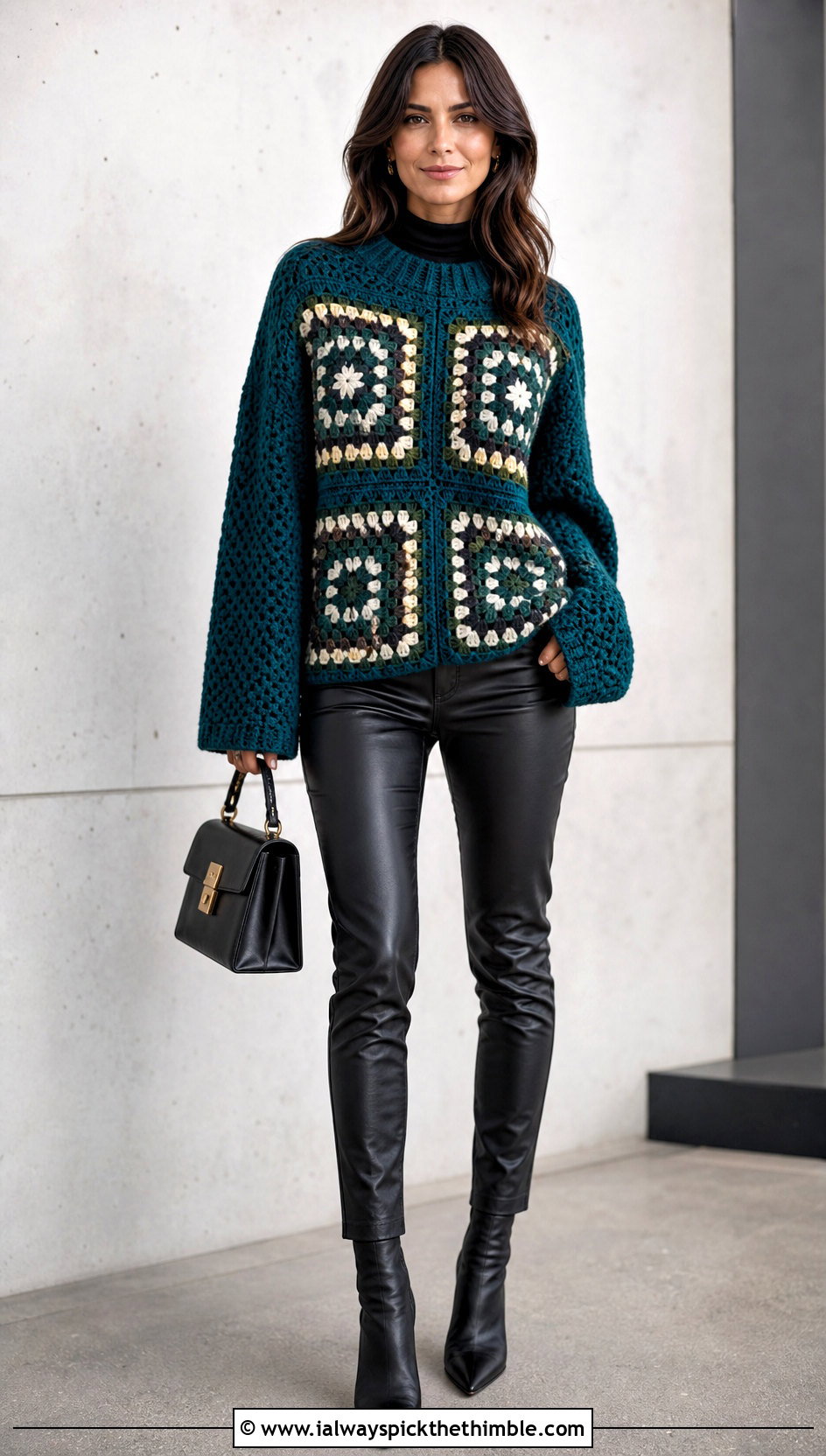 Geometric Granny Square Sweater With Faux Leather Pants - 20 oversized granny square sweater outfit ideas