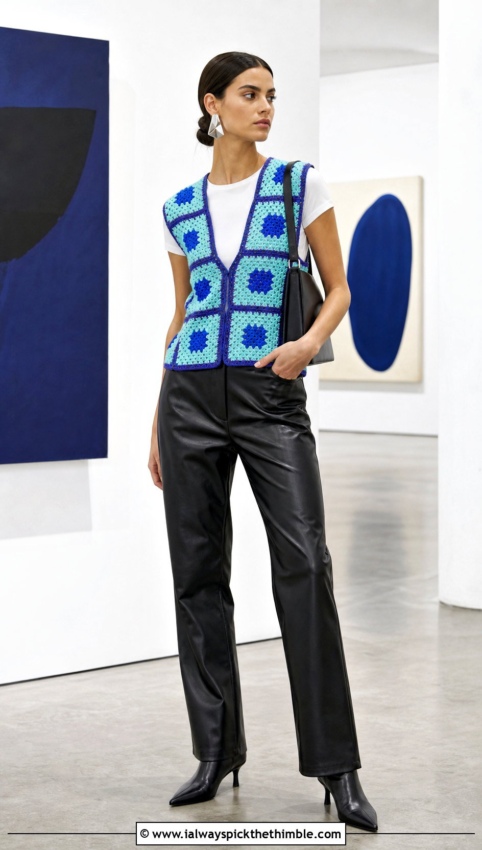 Geometric Granny Square Vest With Leather Pants - 20 Granny Squares Vest outfit ideas