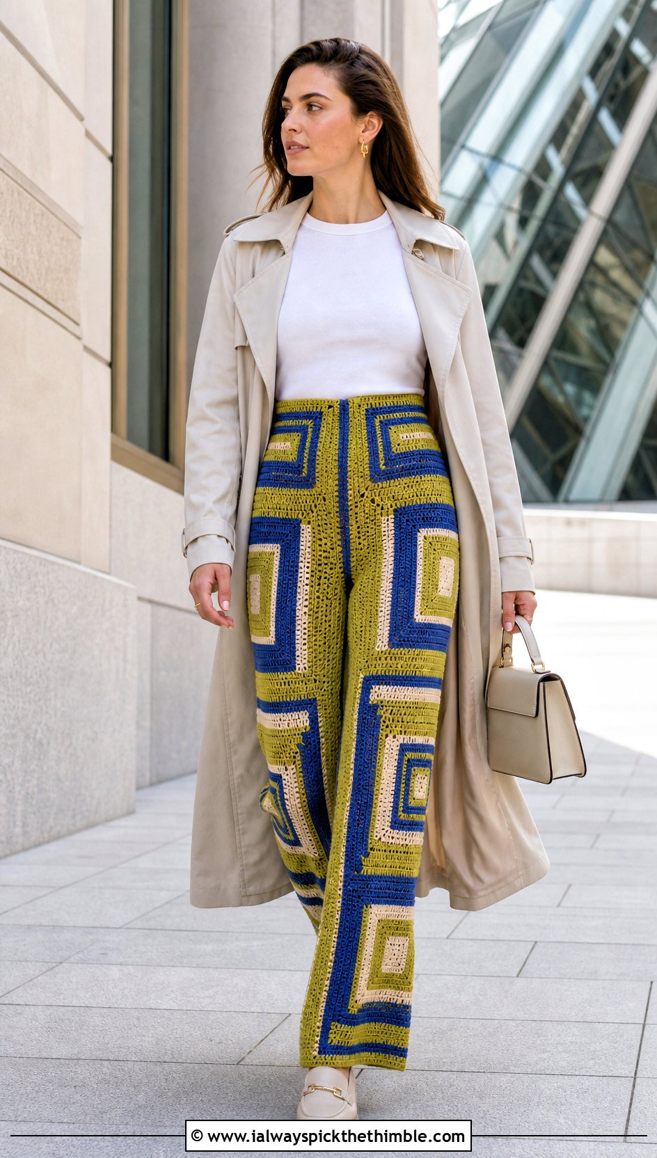 Geometric High Waisted Crochet Patchwork Pants With Trench Coat - 15 Crochet Patchwork Pants outfit ideas