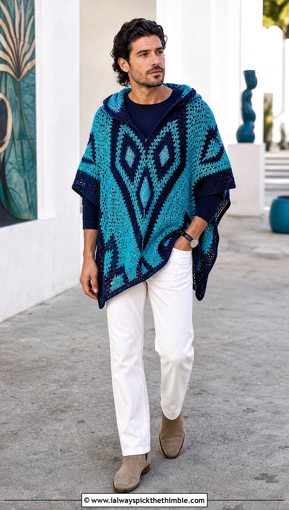 Geometric Hooded Crochet Poncho With White Jeans - 15 mens hooded crochet poncho outfit ideas