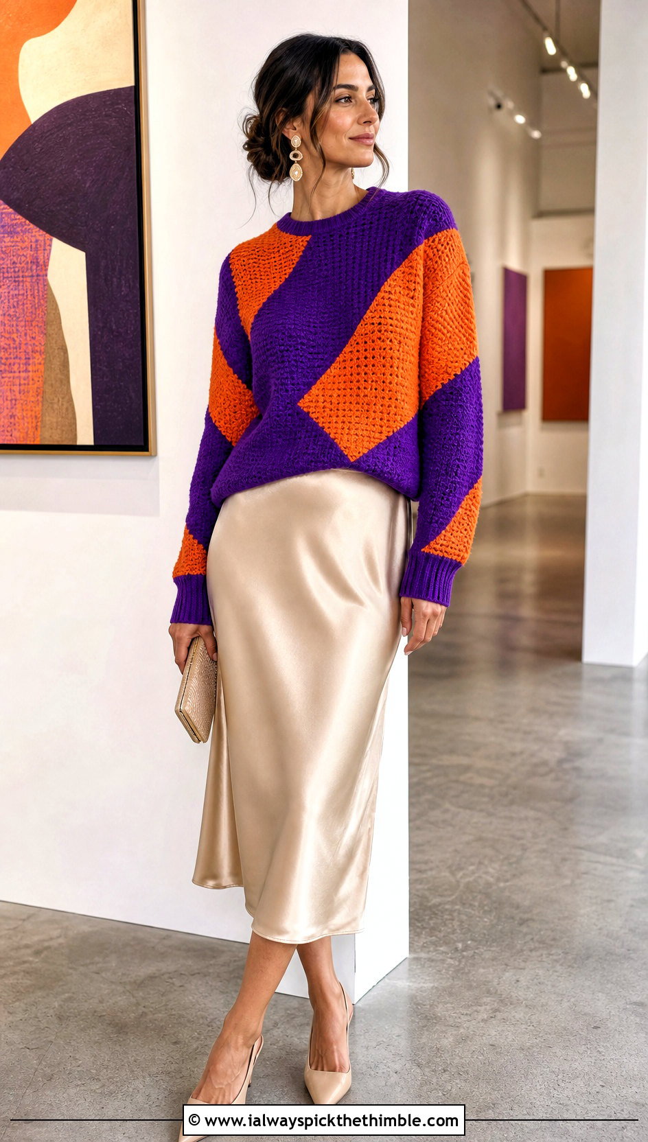 Geometric Intarsia Crochet Colorblock Sweater With Satin Skirt - 20 crochet colorblock sweater outfit ideas
