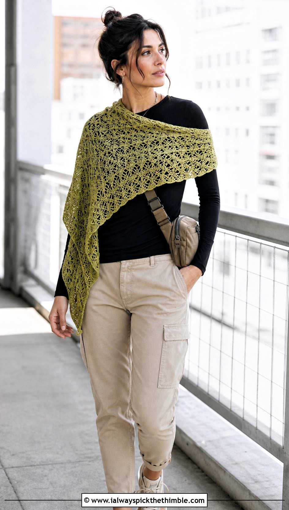 Geometric Lace Triangle Shawl With Utility Pants - 20 Crochet Lace Triangle Shawl outfit ideas