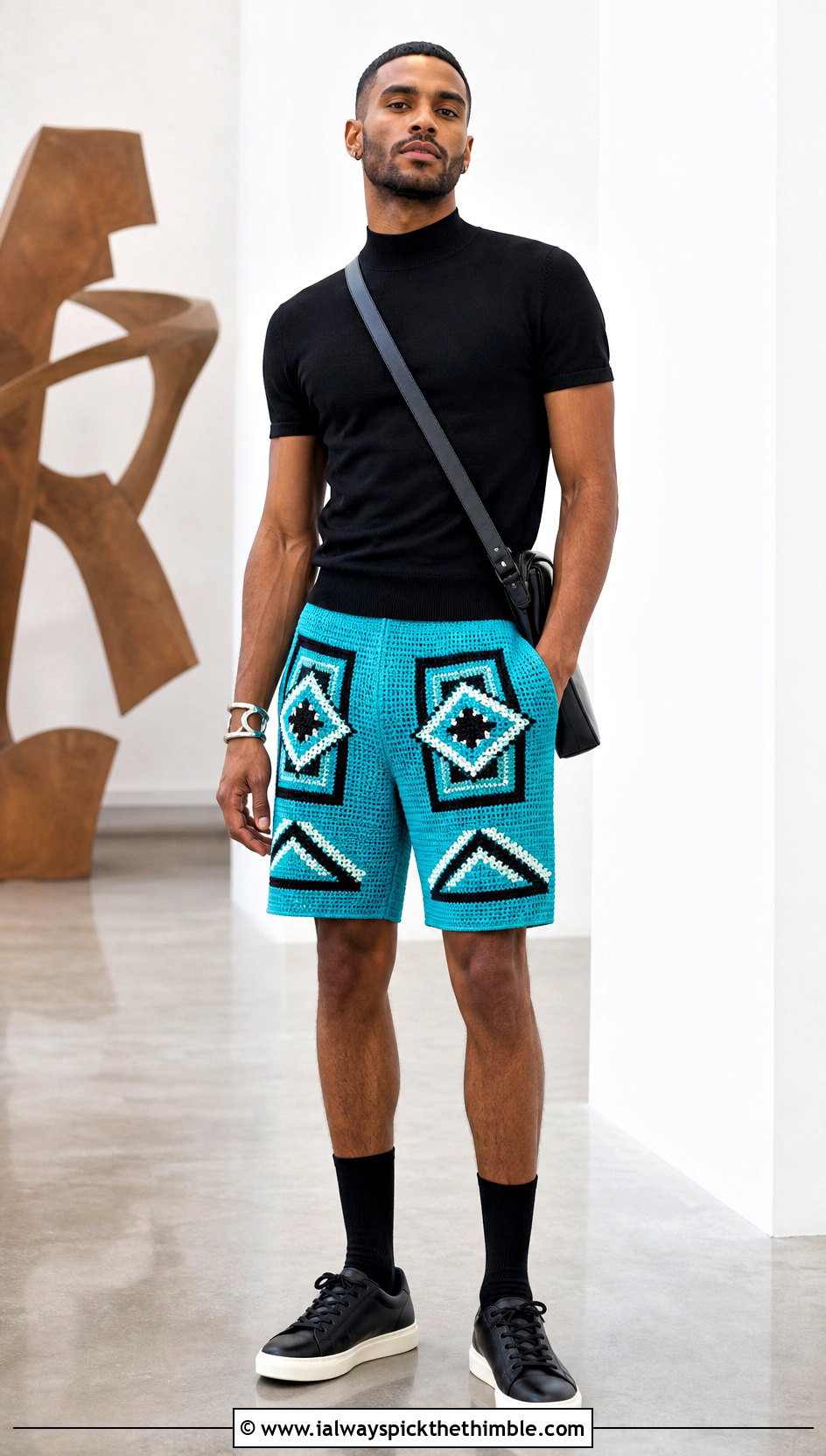 Geometric Mens Crochet Shorts With Mock Neck Top - 25 Crochet Mens Shorts outfit ideas