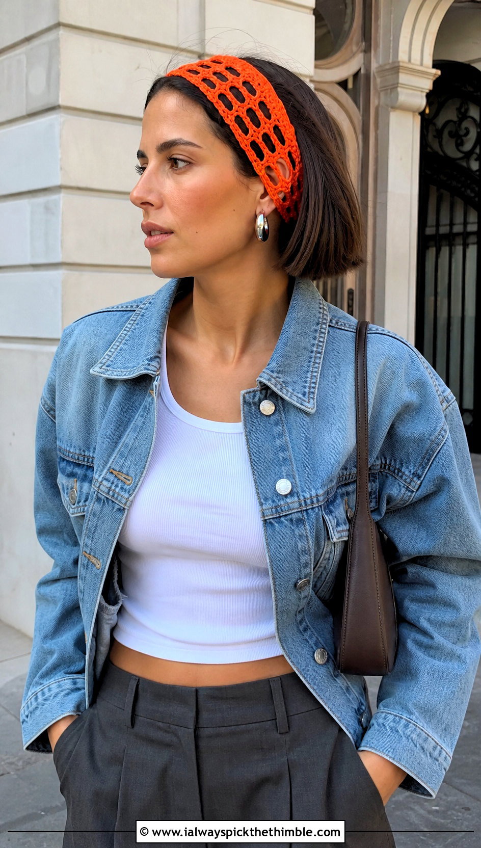 Geometric Mesh Crochet Lace Headband With Denim Jacket - 20 crochet lace headband outfit ideas