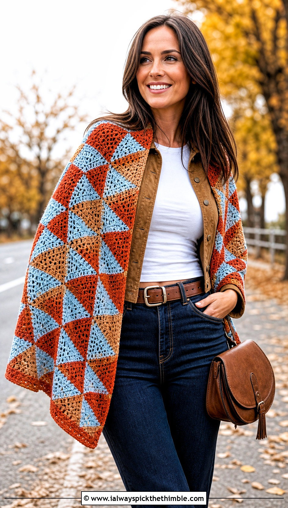 Geometric Mosaic Crochet Shawl With Suede Jacket And Jeans - 20 mosaic crochet shawl outfit ideas