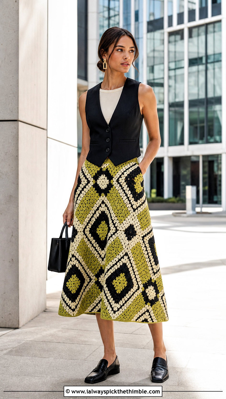 Geometric Motif A Line Skirt With Tailored Waistcoat - 20 Crochet A Line Skirt outfit ideas