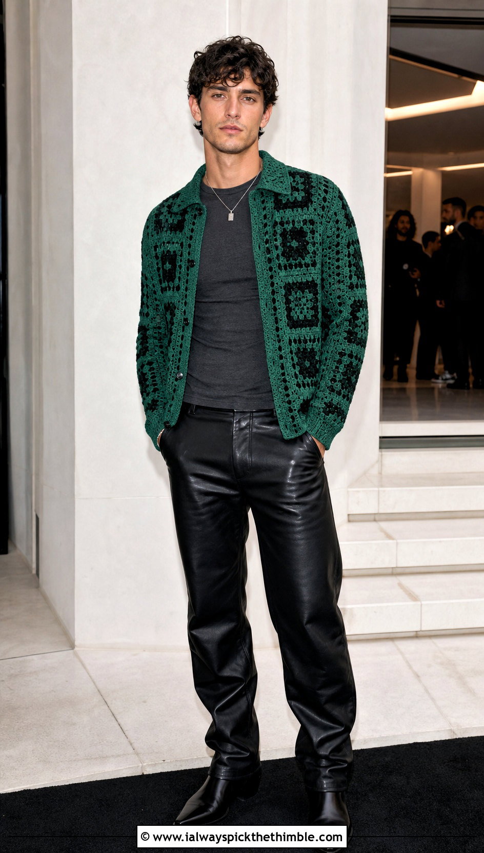 Geometric Motif Crochet Cardigan With Leather Pants - 20 mens crochet cardigan sweater outfit ideas