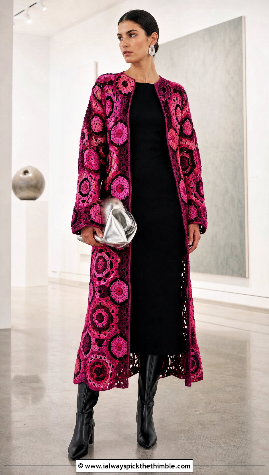 Geometric Motif Crochet Long Coat With Column Dress - 25 crochet long coat outfit ideas