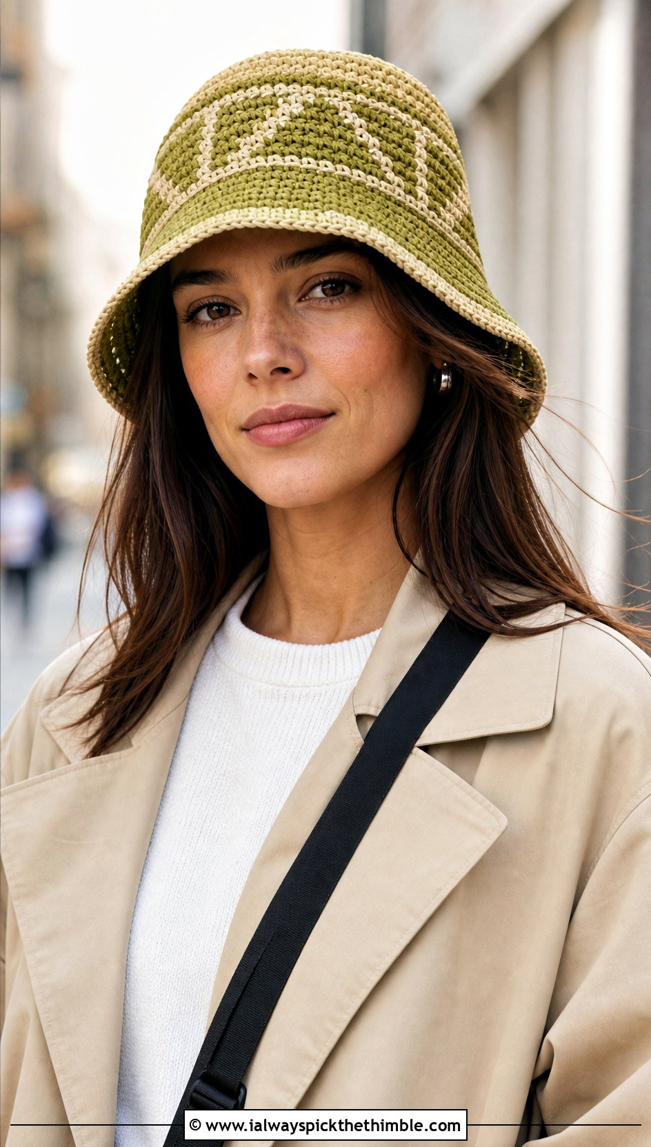 Geometric Motif Crochet Raffia Bucket Hat With Trench Coat - 20 crochet raffia bucket hat outfit ideas