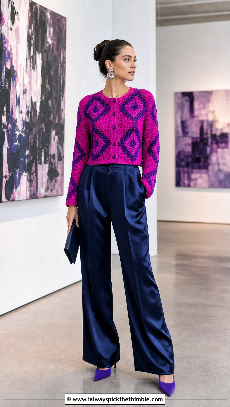Geometric Motif Cropped Cardigan With Evening Pants - 25 crochet cropped cardigan outfit ideas