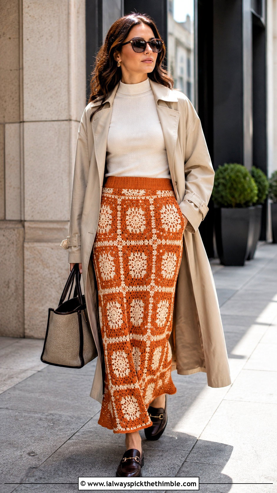 Geometric Motif Maxi Crochet Skirt With Trench Coat - 25 maxi crochet skirt outfit ideas