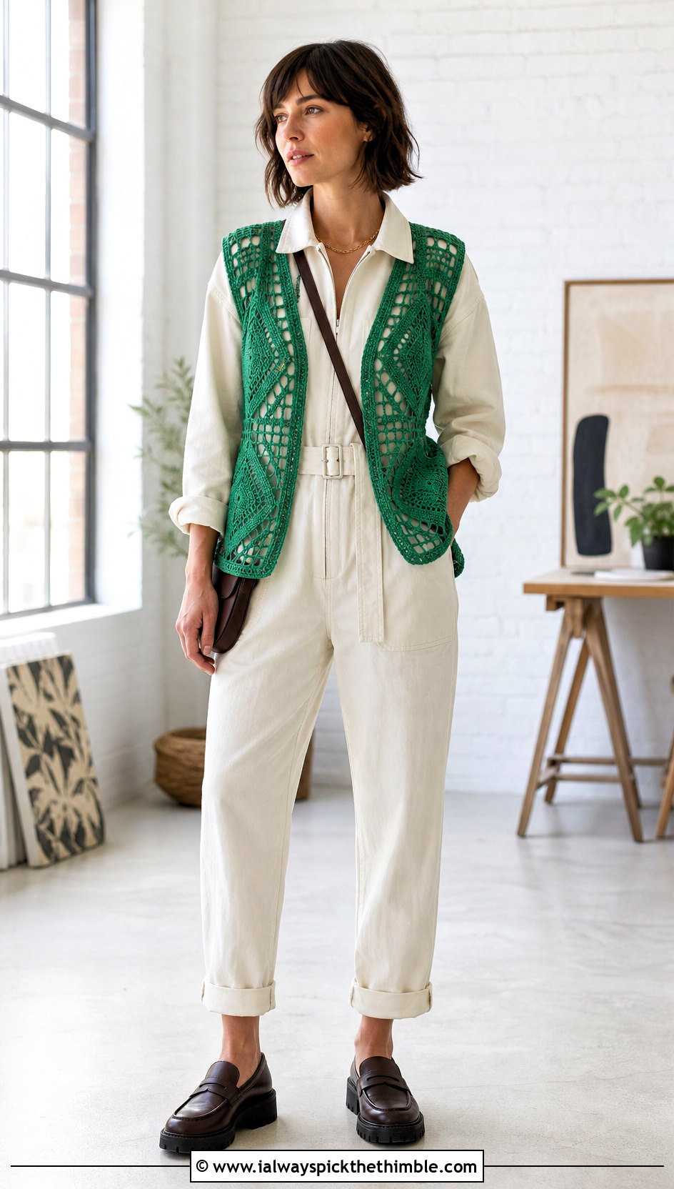 Geometric Motif Vintage Crochet Vest With Utility Jumpsuit - 20 Vintage Crochet Vest outfit ideas