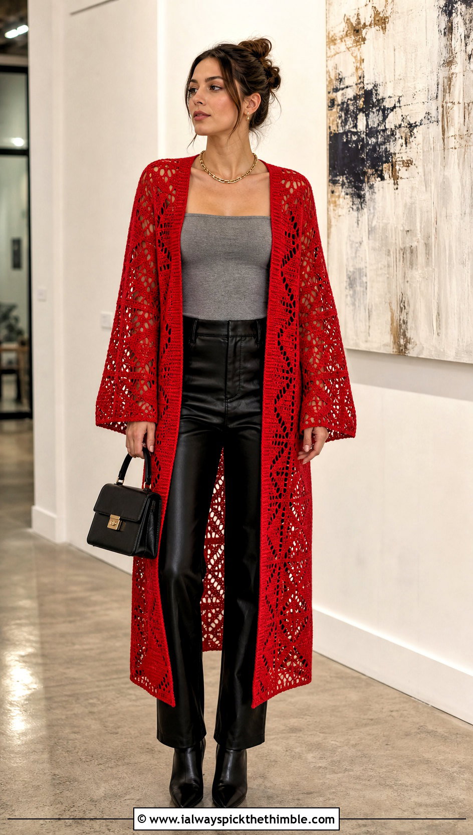 Geometric Openwork Kimono Crochet Cardigan With Leather Pants - 20 kimono crochet cardigan outfit ideas