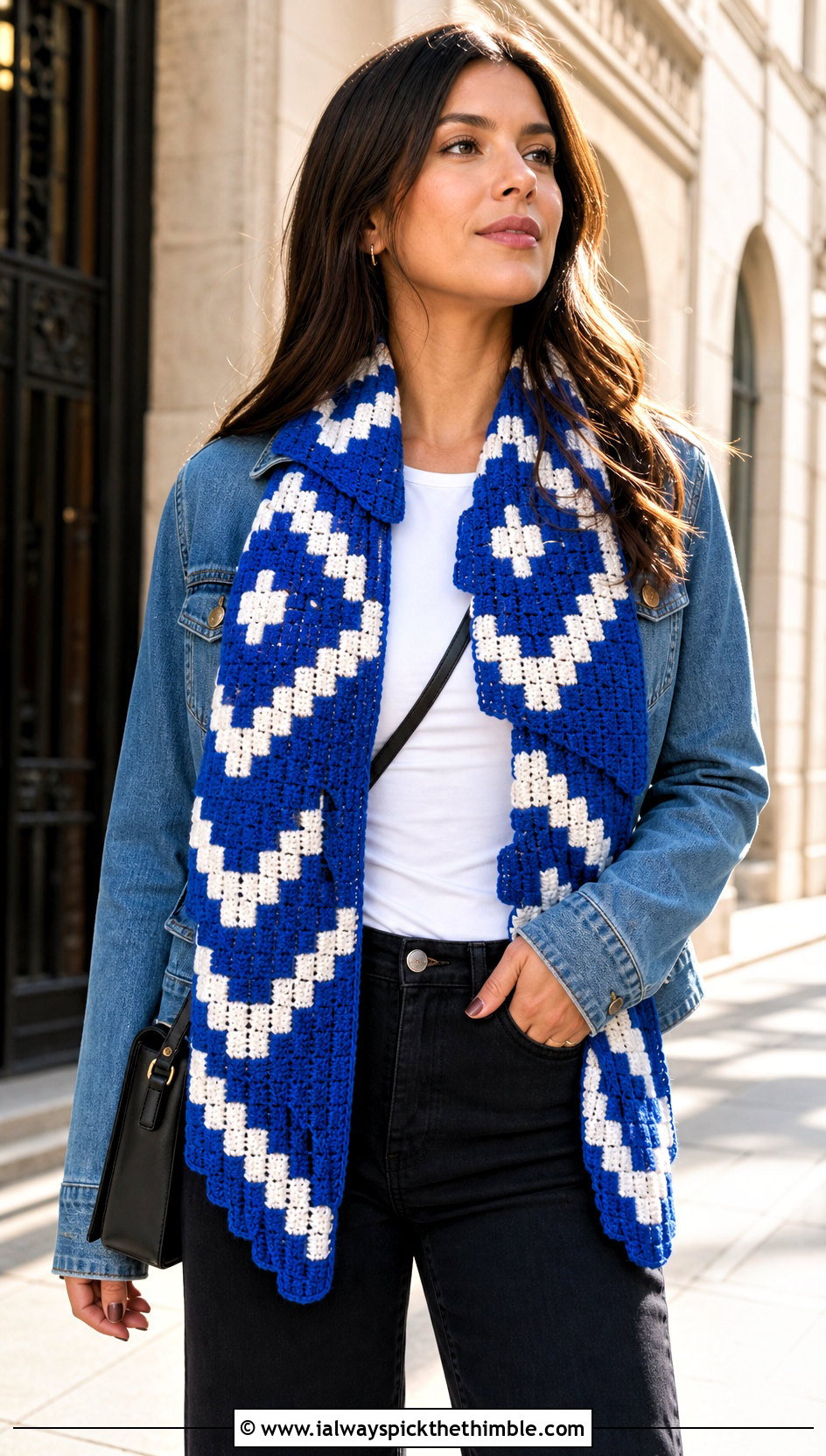 Geometric Overlay Mosaic Crochet Scarf With Denim Jacket - 20 Mosaic Crochet Scarf outfit ideas