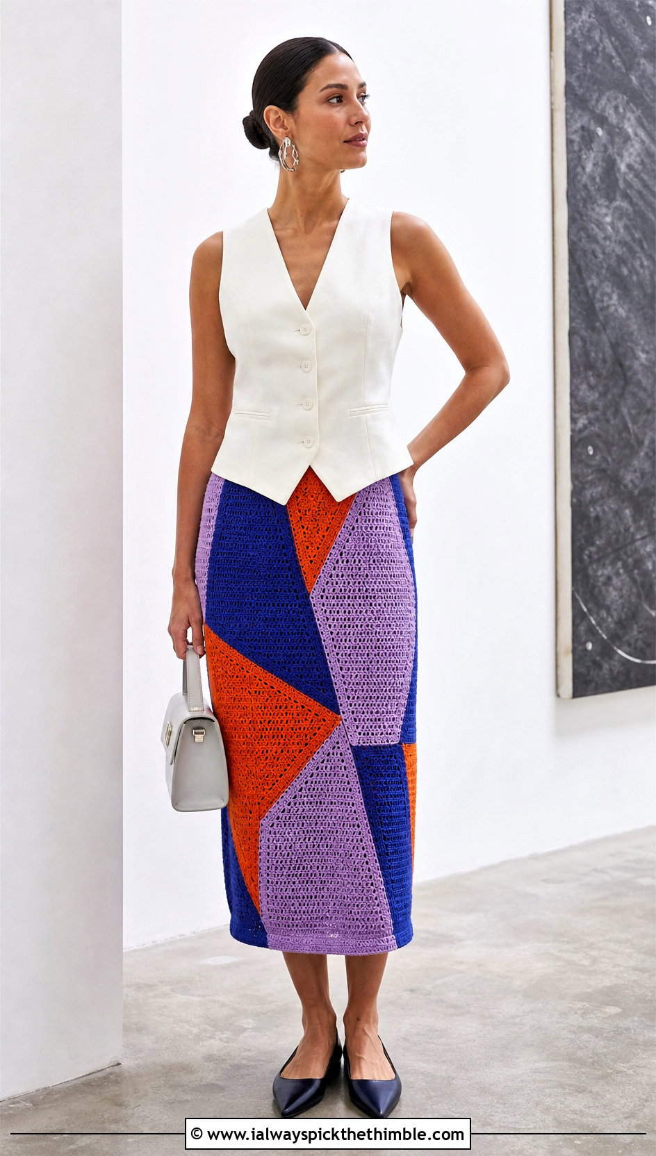 Geometric Panel Crochet Midi Skirt With Waistcoat - 15 colorful crochet skirt designs outfit ideas