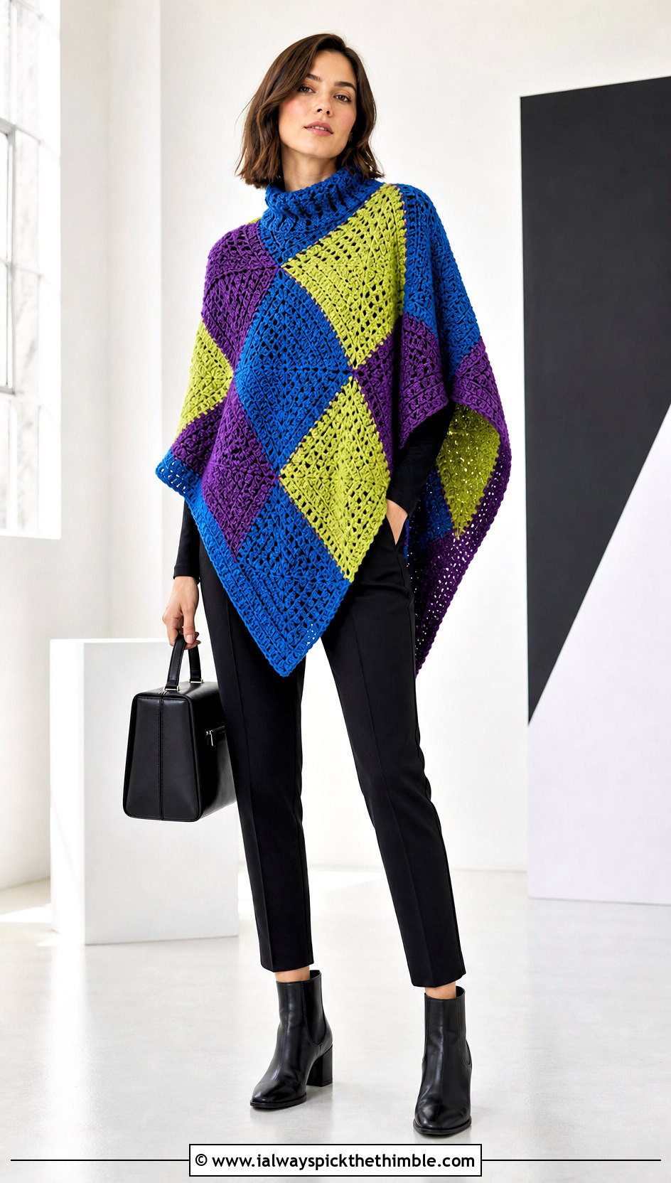 Geometric Patchwork Chunky Crochet Poncho With Monochrome Basics - 20 Chunky Crochet Poncho outfit ideas