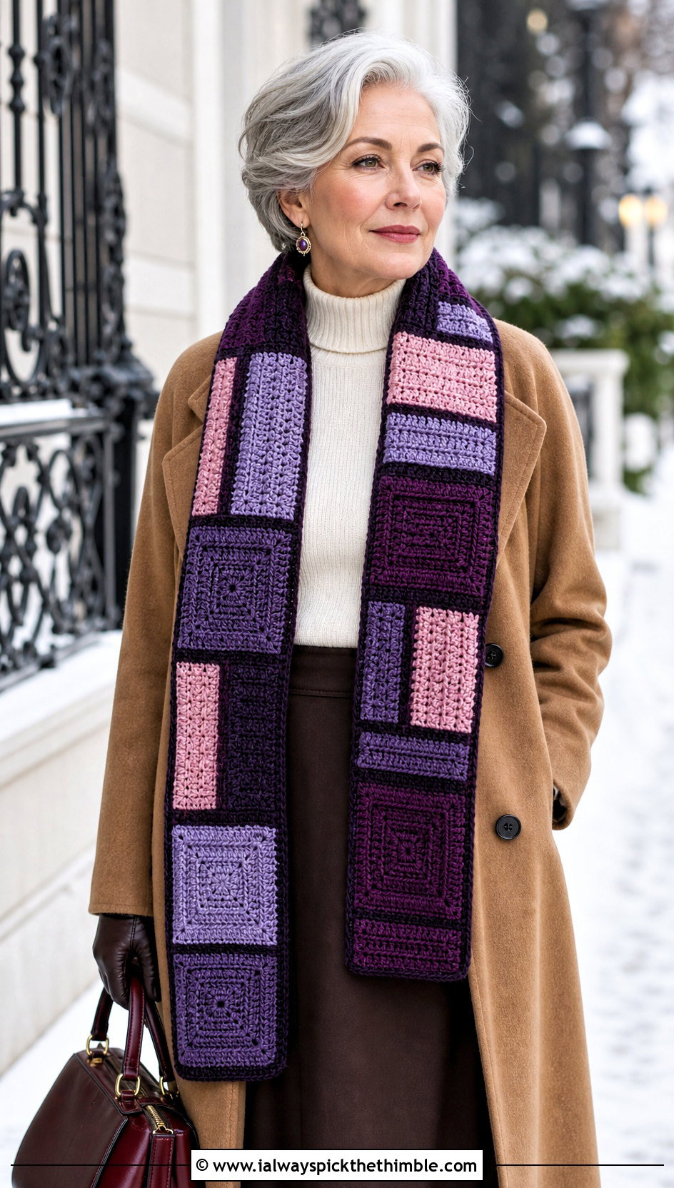 Geometric Patchwork Crochet Scarf With Wool Coat - 15 Patchwork Crochet Scarf outfit ideas