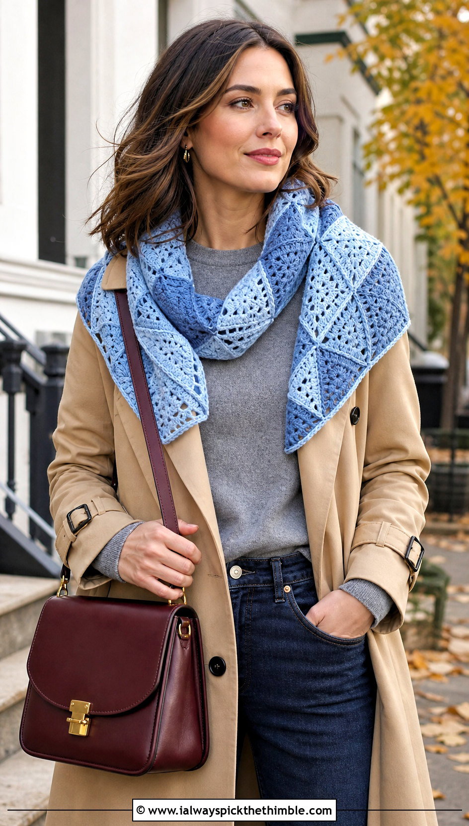 Geometric Patchwork Crochet Shawl With Trench Coat - 15 sophie digard crochet shawl outfit ideas