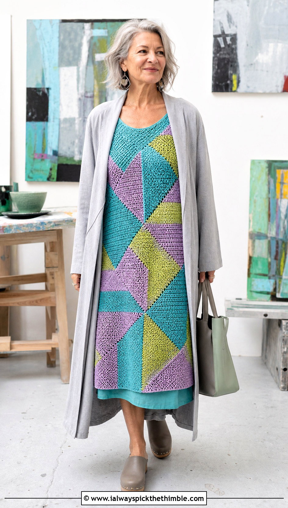 Geometric Patchwork Crochet Shift Dress With Long Duster - 20 crochet shift dress outfit ideas