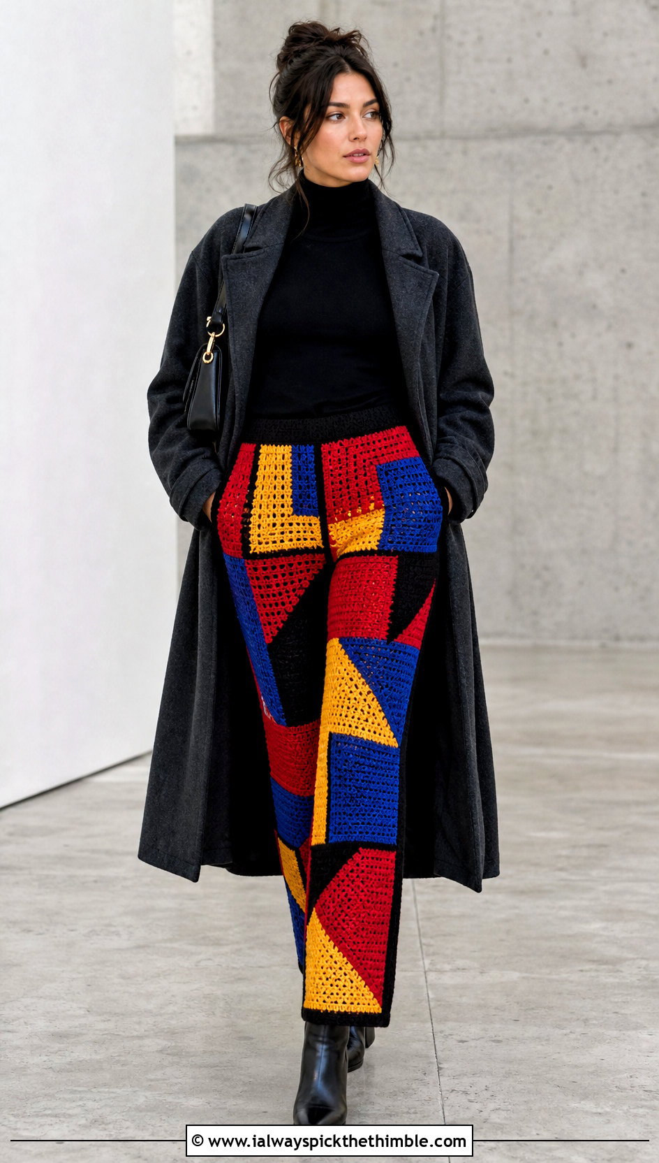 Geometric Patchwork Crochet Trousers With Black Turtleneck - 25 crochet trousers outfit ideas