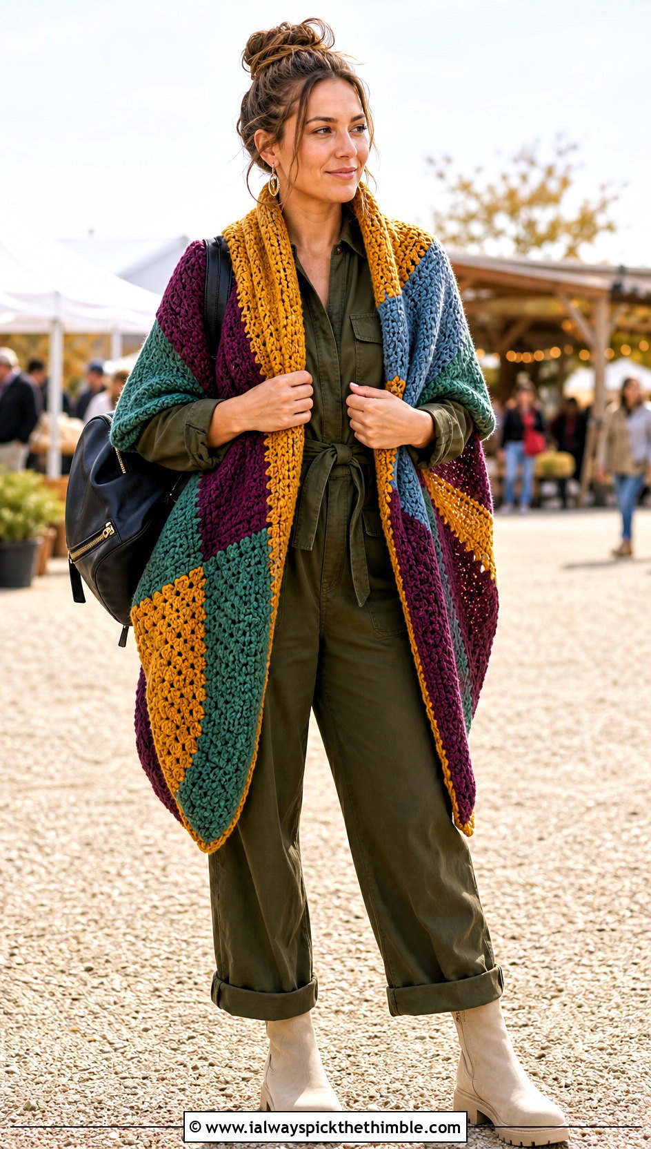 Geometric Patchwork Double Sleeve Scarf With Utility Jumpsuit - 20 crochet double sleeve scarf outfit ideas