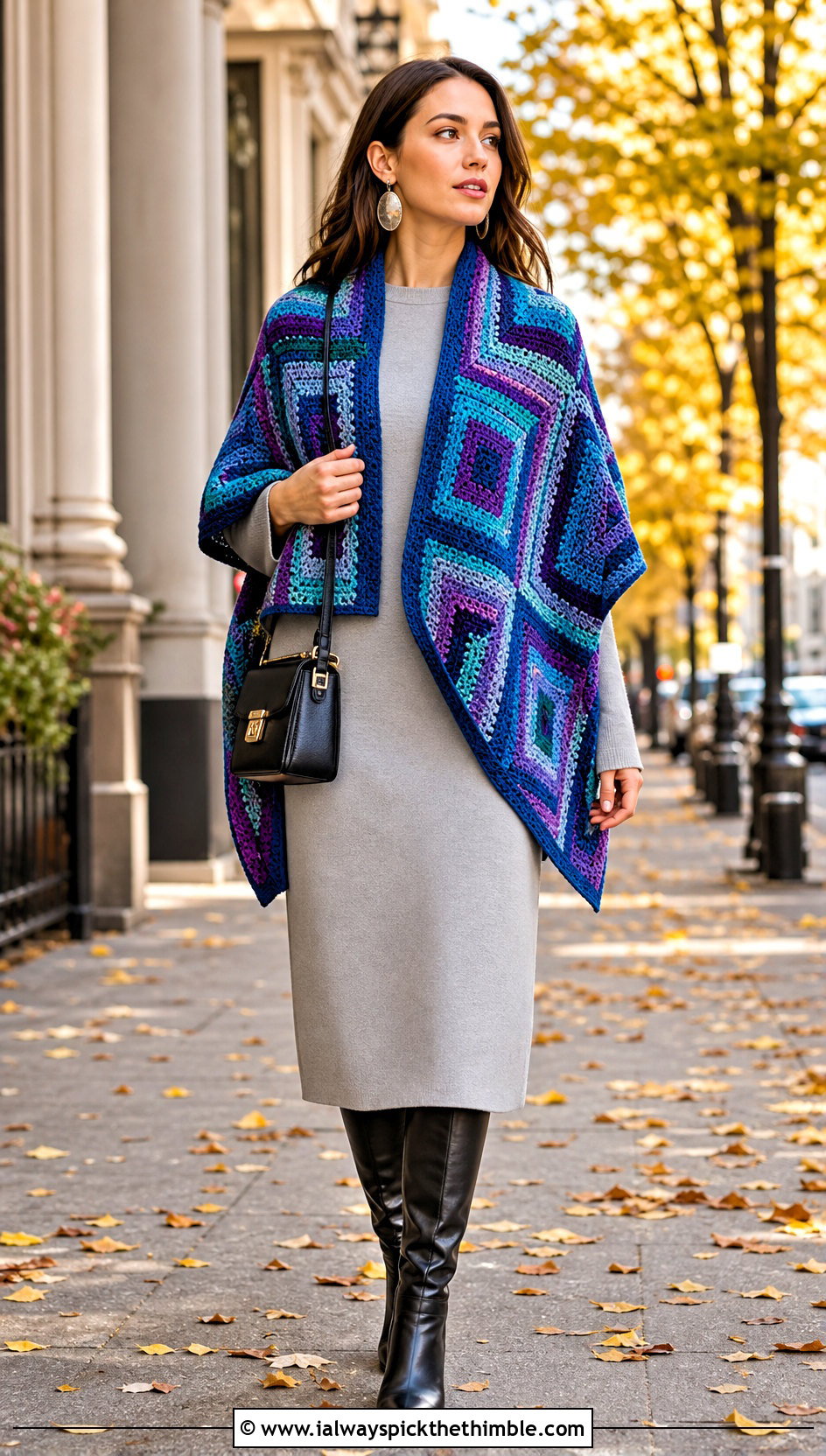 Geometric Rectangle Crochet Shawl With Midi Dress And Boots - 25 Crochet Rectangle Shawl outfit ideas