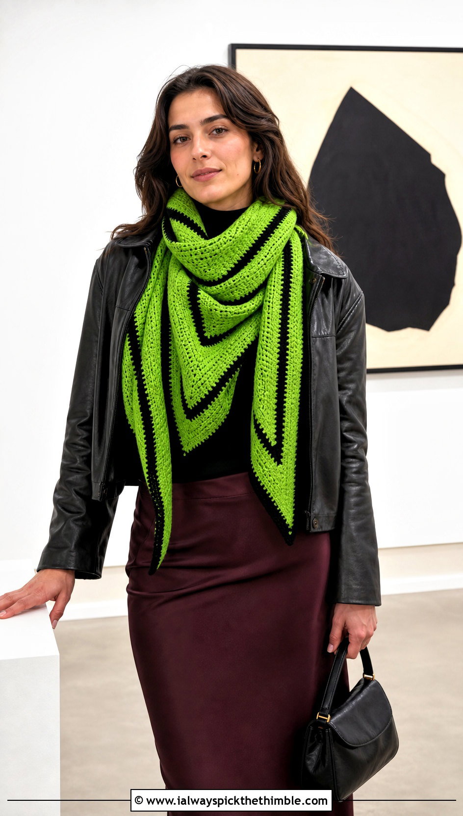 Geometric Square Scarf With Leather Jacket And Midi Skirt - 20 crochet scarf squares outfit ideas