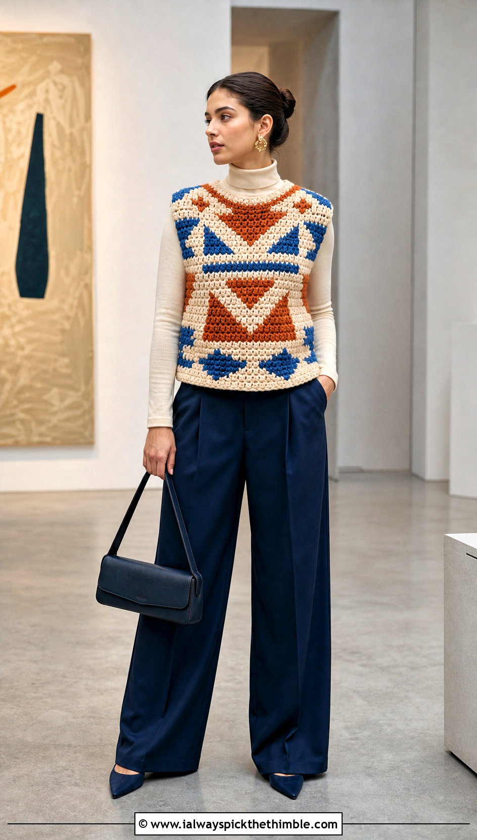Geometric Tapestry Chunky Yarn Crochet Vest With Suit Pants - 20 Chunky Yarn Crochet Vest outfit ideas