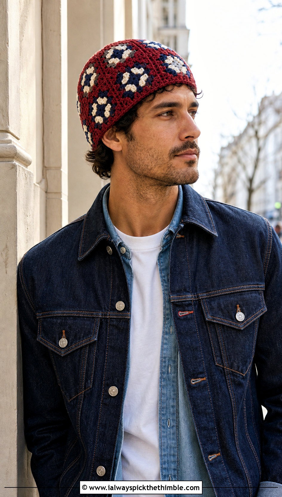Geometric Tapestry Crochet Beanie With Double Denim - 25 crochet beanie for men outfit ideas