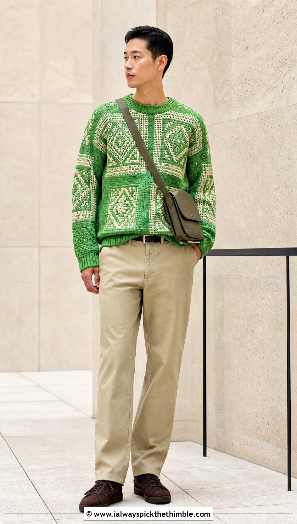 Geometric Tapestry Crochet Jumper With Khaki Pants - 25 men crochet jumper outfit ideas