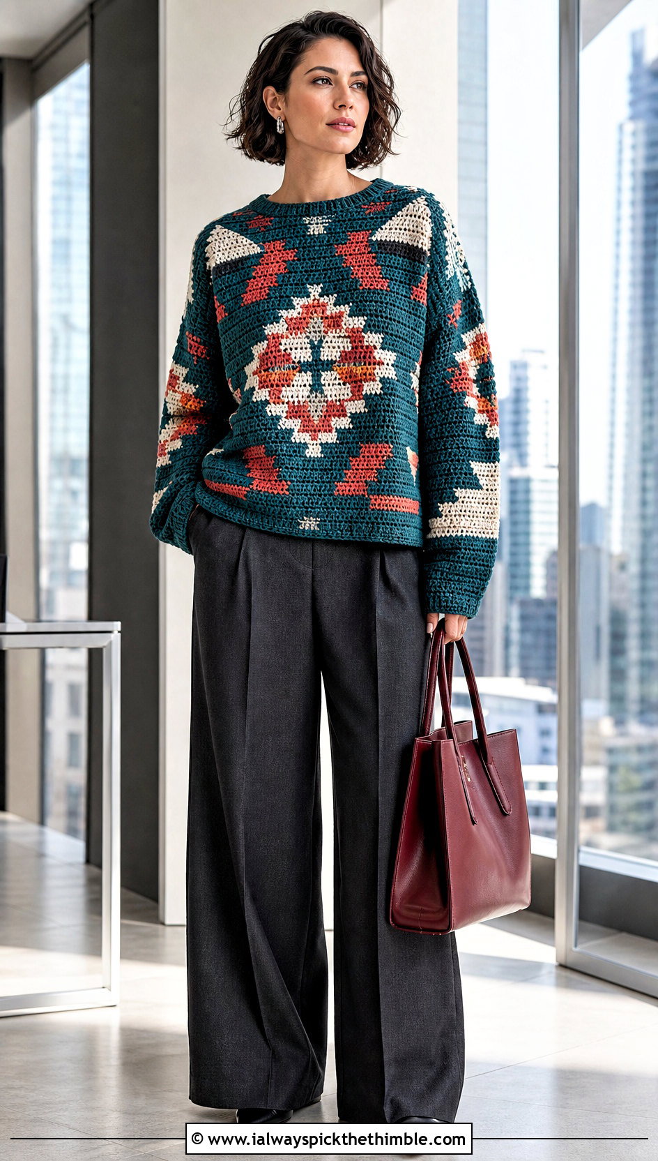 Geometric Tapestry Crochet Jumper With Tailored Trousers - 20 Tapestry Crochet Jumper outfit ideas