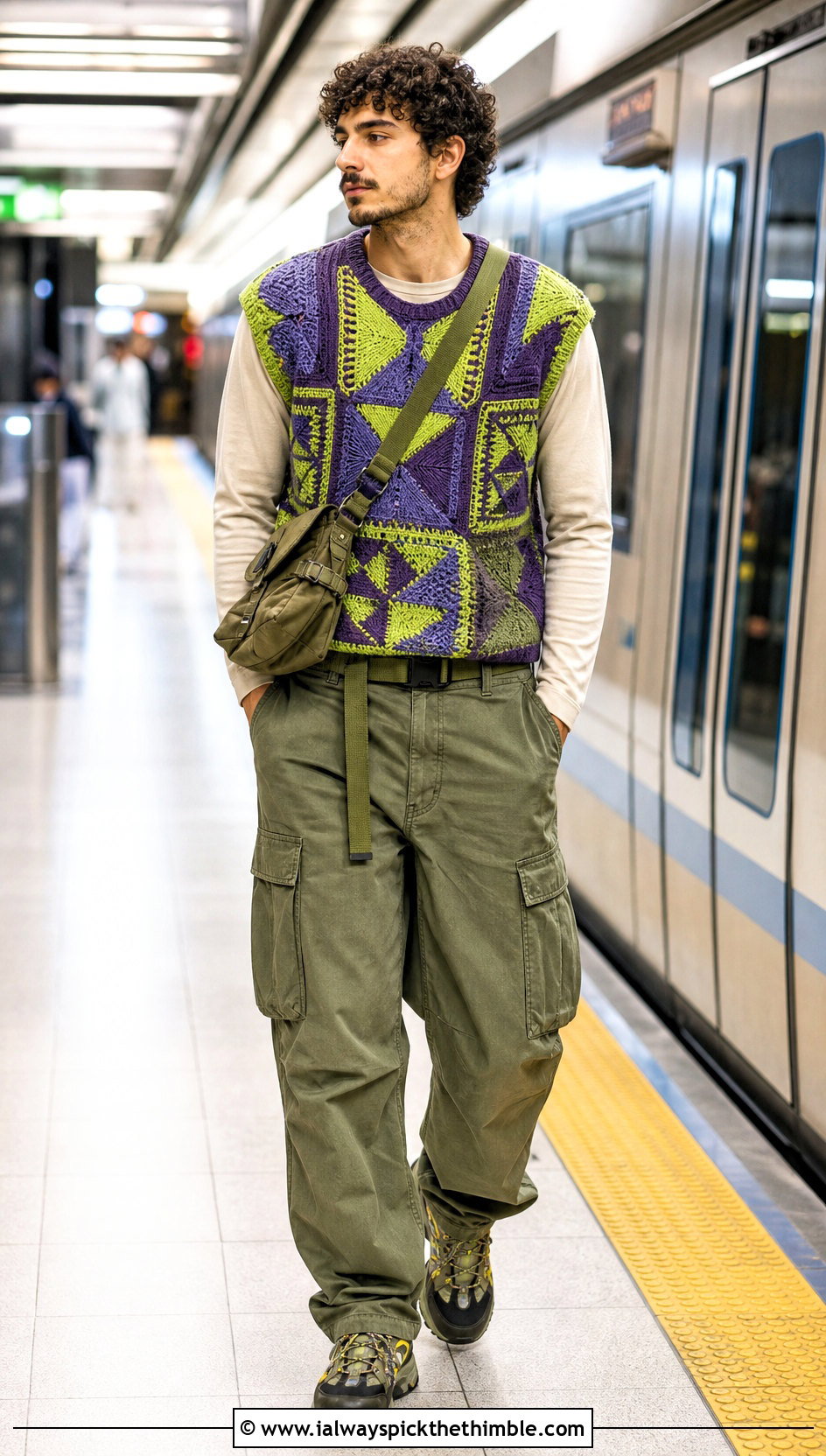 Geometric Tapestry Crochet Mens Sweater Vest With Cargo Pants - 20 Mens Crochet Sweater Vest outfit ideas