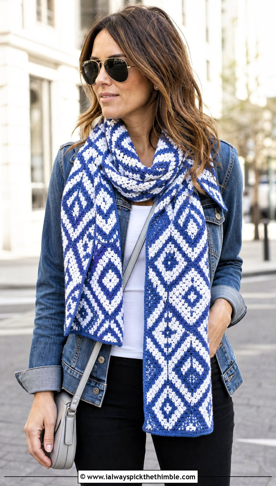 Geometric Tapestry Crochet Scarf With Denim Jacket - 25 tapestry crochet scarf outfit ideas
