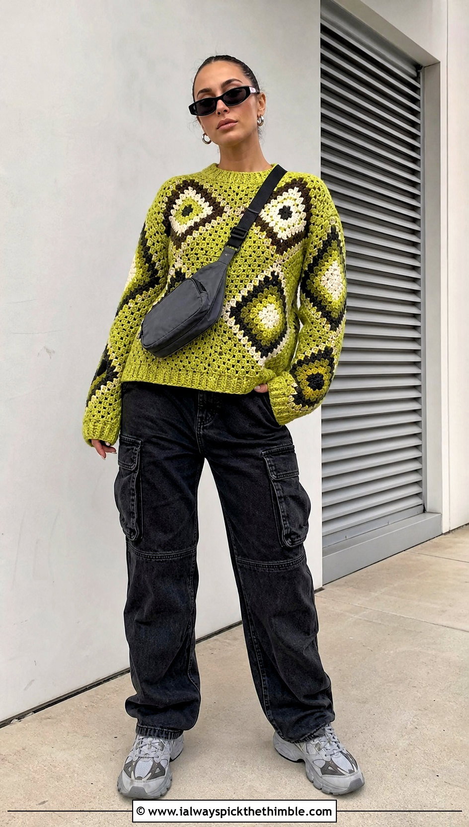 Geometric Tapestry Crochet Sweater With Cargo Pants - 20 tapestry crochet sweater outfit ideas